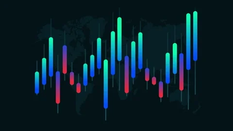 Colorful candlestick chart on dark, showing financial trends. Stock Footage 286410981