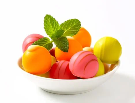 Colorful candy eggs with mint leaf in bowl Stock Photos