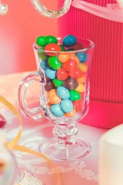 Colorful candy . Multi colored sweets . Colored candy in a glass . Round Foto stock