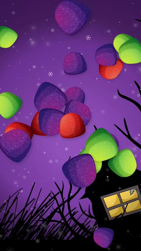 Colorful Candy Shapes Falling Over Spooky House in Winter Night Stock Footage 345120445