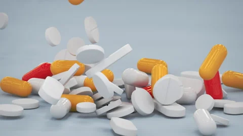 Colorful Capsules and Tablets Falling in Slowmotion 3D render animation Stock Footage 320399444