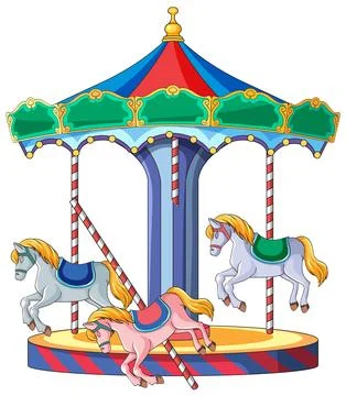 Colorful Carousel with Galloping Horses on White Background Stock Illustration