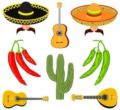 Colorful cartoon 8 mexican elements Illustrazione stock