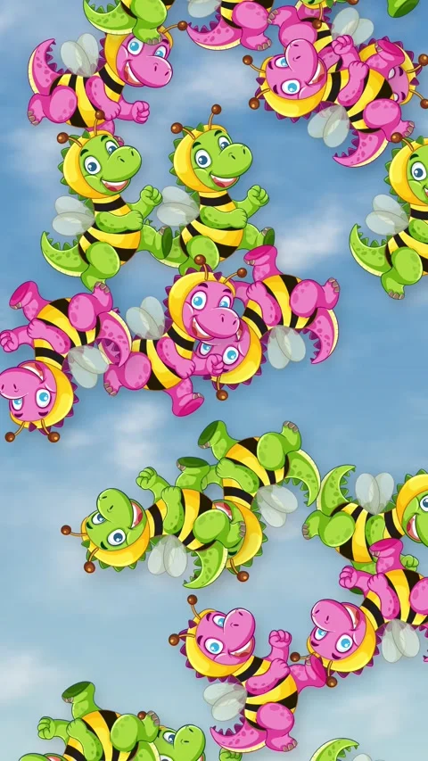 Colorful Cartoon Bee Dragons Falling Through a Blue Sky Stockbeeldmateriaal 344231131