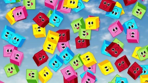 Colorful Cartoon Character Cubes Falling Against a Blue Sky Background 動画素材 345316720
