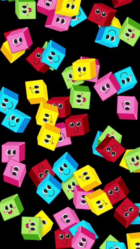 Colorful Cartoon Cubes with Faces Falling on Black Background 動画素材 345313998