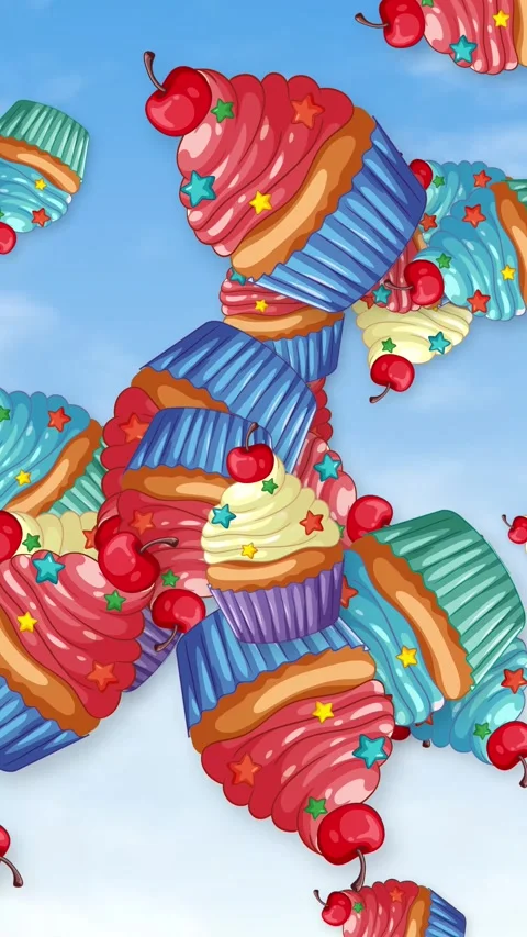 Colorful Cartoon Cupcakes Falling Through a Bright Blue Sky Stock Footage 344518676