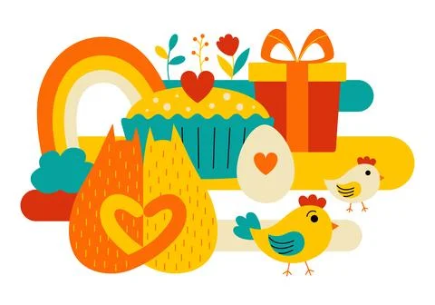 Colorful cartoon Easter illustration in flat style Stock Illustration