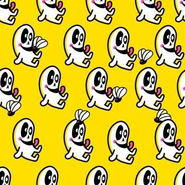 Colorful cartoon ghost pattern with playful characters holding candy on a b.. Stock Illustration