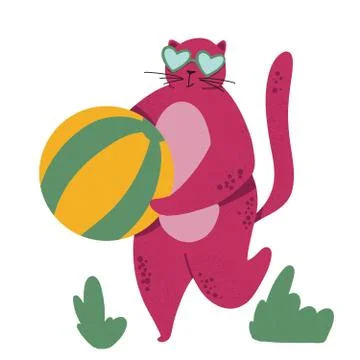 Colorful cartoon illustration of pink cat wearing sunglasses, holding beach b Stock Illustration