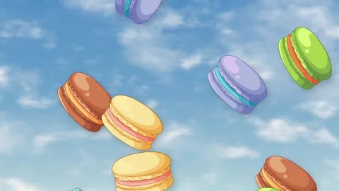 Colorful Cartoon Macarons Falling and Floating Through a Blue Sky Stock Footage 345308039