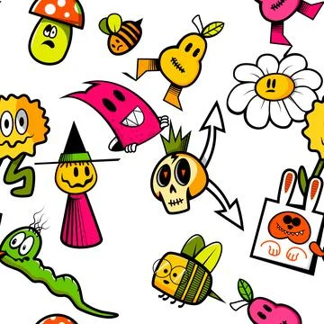 Colorful cartoon patterns featuring whimsical characters and playful design.. Stock Illustration