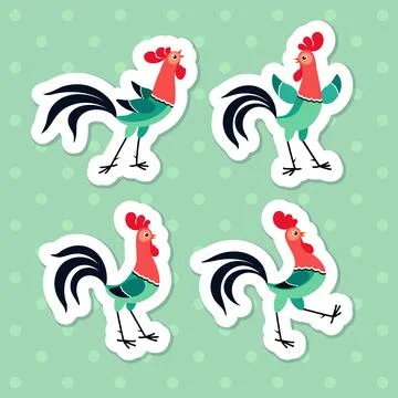 Colorful cartoon rooster sticker pack. Vector illustration Stock Illustration