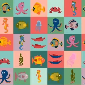 Colorful cartoon seamless vector pattern with underwater inhabitants. Bright and Stock Illustration