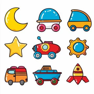 Colorful cartoon space elements set isolated white background. Collection Illustrazione stock