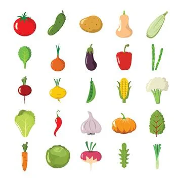 Colorful cartoon vector icons set of fruits and vegetables Stock Illustration
