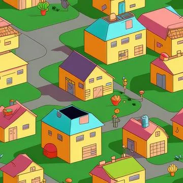 Colorful cartoonish isometric suburbs pattern Stock Illustration