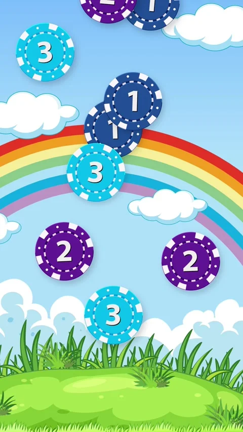 Colorful Casino Chips Falling Over Cartoon Rainbow and Green Meadow Background 스톡 동영상 339525558