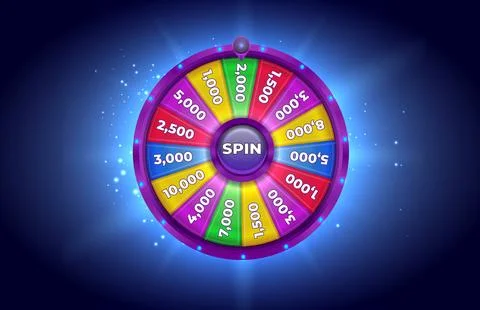 Colorful Casino Spin Wheel with Bright Neon Lights, Jackpot Prizes, and Illustrazione stock