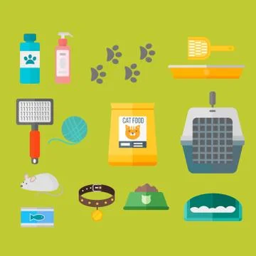 Colorful cat accessory cute vector animal icons pet equipment food domestic Stock Illustration