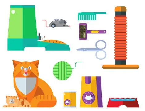 Colorful cat accessory cute vector animal icons pet equipment food domestic Stock Illustration