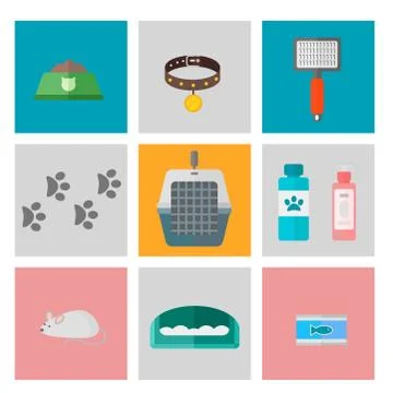 Colorful cat accessory cute vector animal icons pet equipment food domestic Stock Illustration
