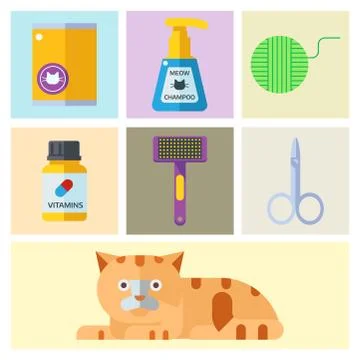 Colorful cat accessory cute vector animal icons pet equipment food domestic Stock Illustration