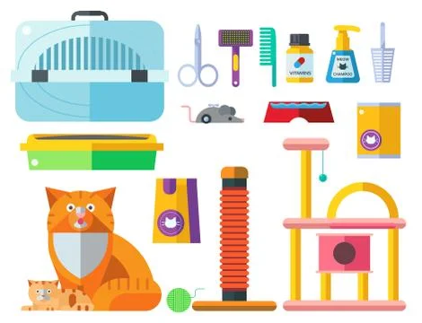 Colorful cat accessory cute vector animal icons pet equipment food domestic Stock Illustration