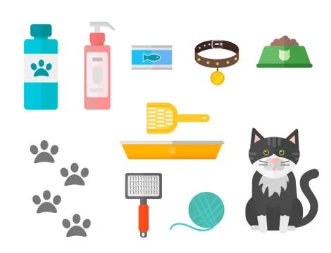 Colorful cat accessory cute vector animal icons pet equipment food domestic Stock Illustration
