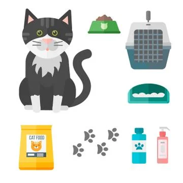 Colorful cat accessory cute vector animal icons pet equipment food domestic Stock Illustration