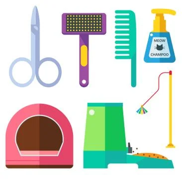 Colorful cat accessory cute vector animal icons pet equipment food domestic Stock Illustration