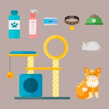 Colorful cat accessory cute vector animal icons pet equipment food domestic Stock Illustration