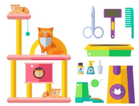 Colorful cat accessory cute vector animal icons pet equipment food domestic Stock Illustration
