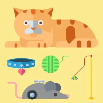 Colorful cat accessory cute vector animal icons pet equipment food domestic Stock Illustration