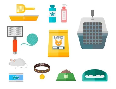 Colorful cat accessory cute vector animal icons pet equipment food domestic Stock Illustration
