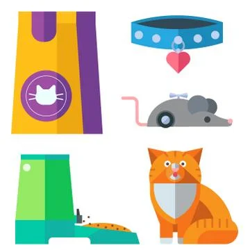 Colorful cat accessory cute vector animal icons pet equipment food domestic Stock Illustration
