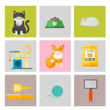 Colorful cat accessory cute vector animal icons pet equipment food domestic Stock Illustration