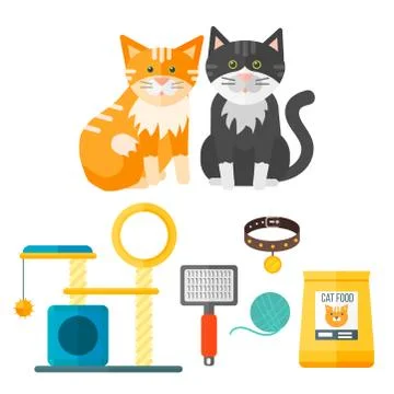 Colorful cat accessory cute vector animal icons pet equipment food domestic Stock Illustration