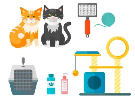 Colorful cat accessory cute vector animal icons pet equipment food domestic Stock Illustration