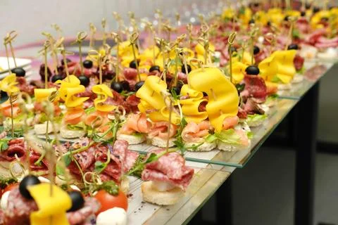 Colorful catering display featuring an array of gourmet appetizers, including Stock Photos