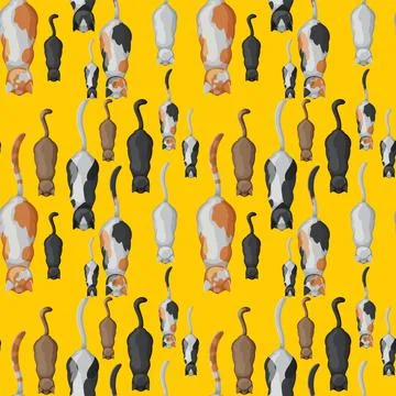 Colorful Cats Pattern on Yellow Background イラスト素材