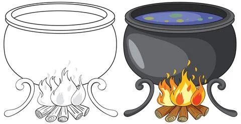 Colorful Cauldron with Fire and Potion Illustration Illustrazione stock