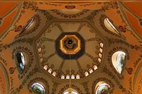 The colorful ceiling, vault, dome inside the Synagogue of Subotica, complet.. Stock Photos