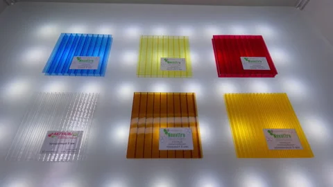 Colorful cellular polycarbonate panels on white stand Stock Footage 234319755