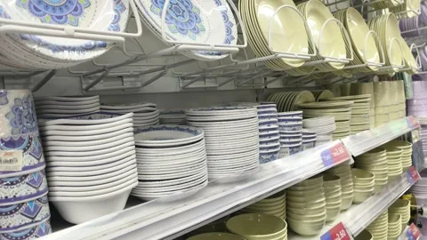 Colorful Ceramic Dishes for Sale in Store Video stock 321122653