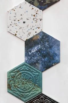Colorful ceramic tiles with different patterns for wall and floor decoration. Stock Photos