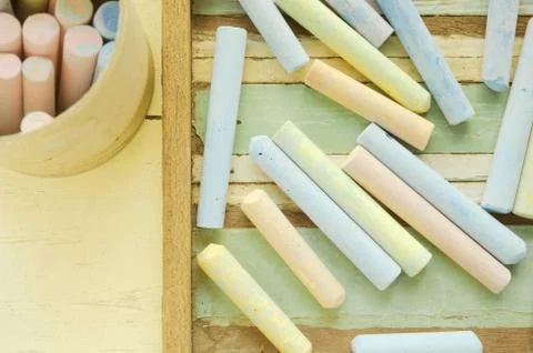 Colorful chalks on table Fotos de archivo