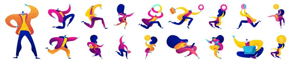 Colorful characters in dynamic poses. Stock Illustration