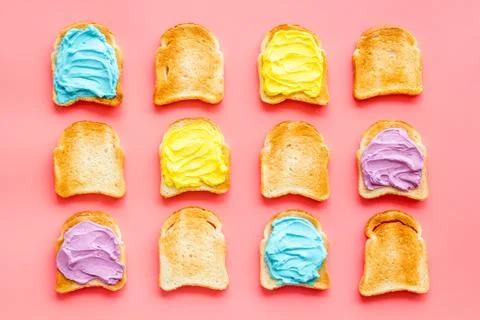 Colorful cheese spread on bread pattern, top view 写真素材