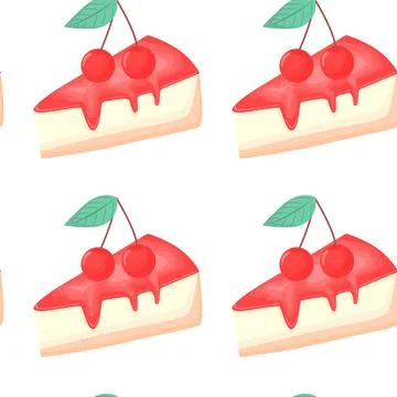 Colorful cherry cake seamless pattern. Tasty dessert repeatable print. Vector Stock Illustration